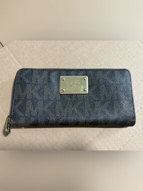Michael Kors Black Logo Zip-Around Wallet with Gold Plaque